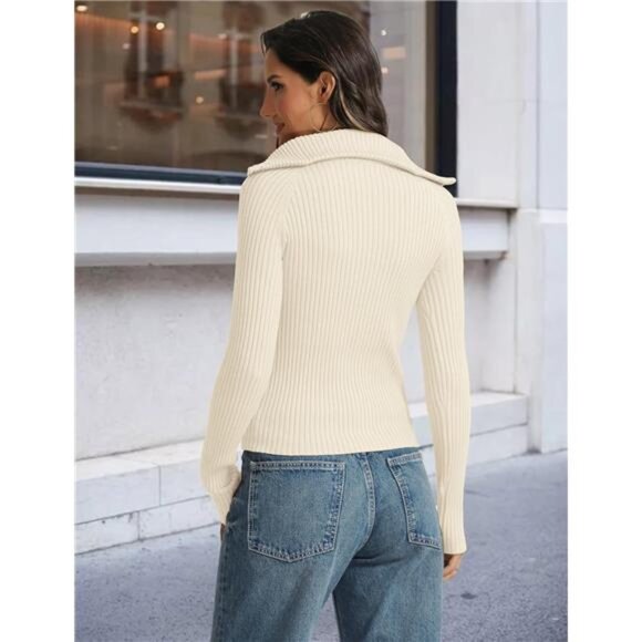 Women's Half Zip Pullover Sweater - V-Neck Collared Long Sleeve Ribbed Knit - Picture 5 of 7